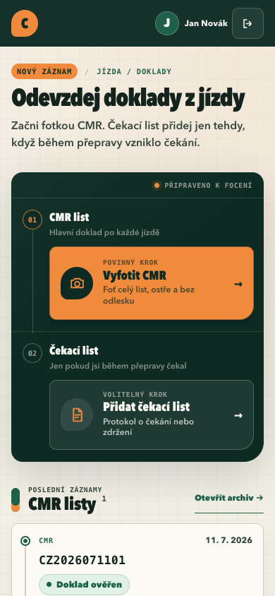 Mobilní expediční deník řidiče Cereus s výrazným tlačítkem Vyfotit CMR a volitelným čekacím listem.